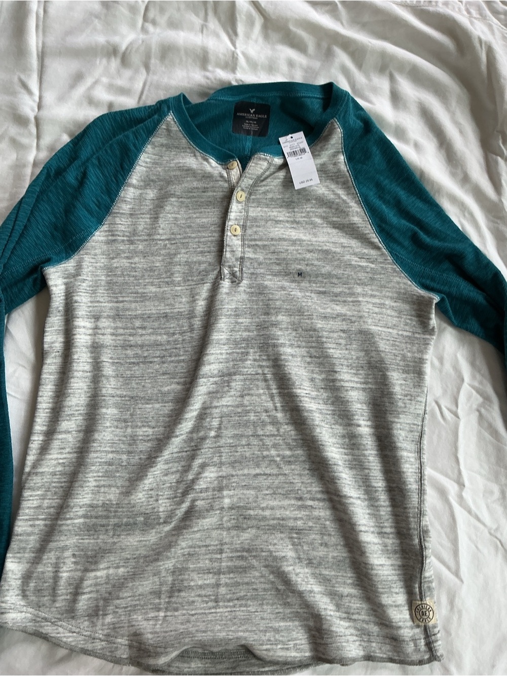 American Eagle Outfitters Teal and Heather Gray Raglan Henley Shirt